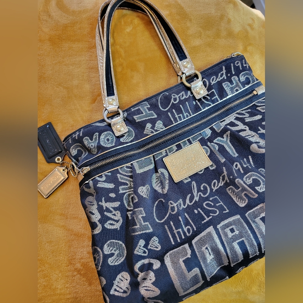 Coach Poppy black gold graffiti scribbled writing tote bag